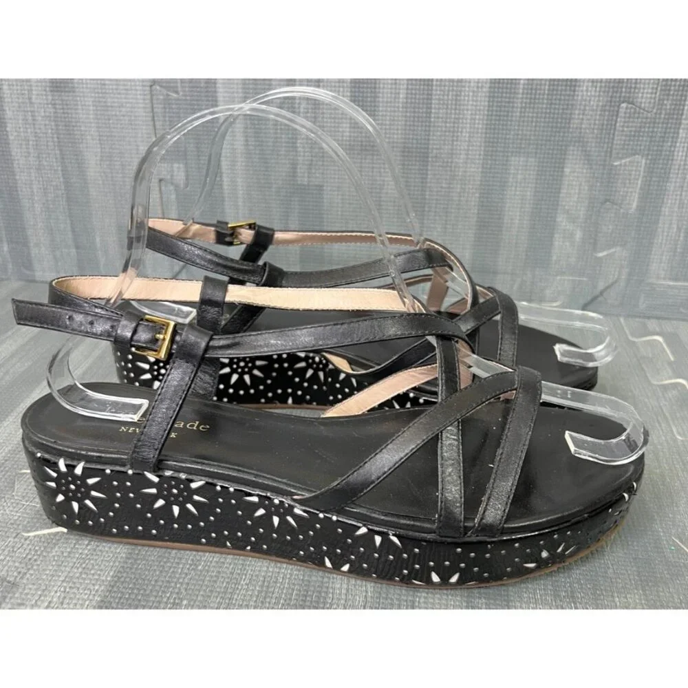 Kate Spade New York Tonie Strappy Sandals Black Women's Size 7.5M Floral Leather